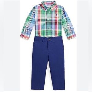 Polo Ralph Lauren Baby Boy 2pc outfit Long Sleeve shirt & Pants Sz 6M plaid blue